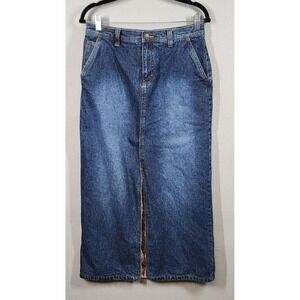 Eddie Bauer Jean Skirt Womens 8 Denim Midi Floral Lined Front Slit Pockets